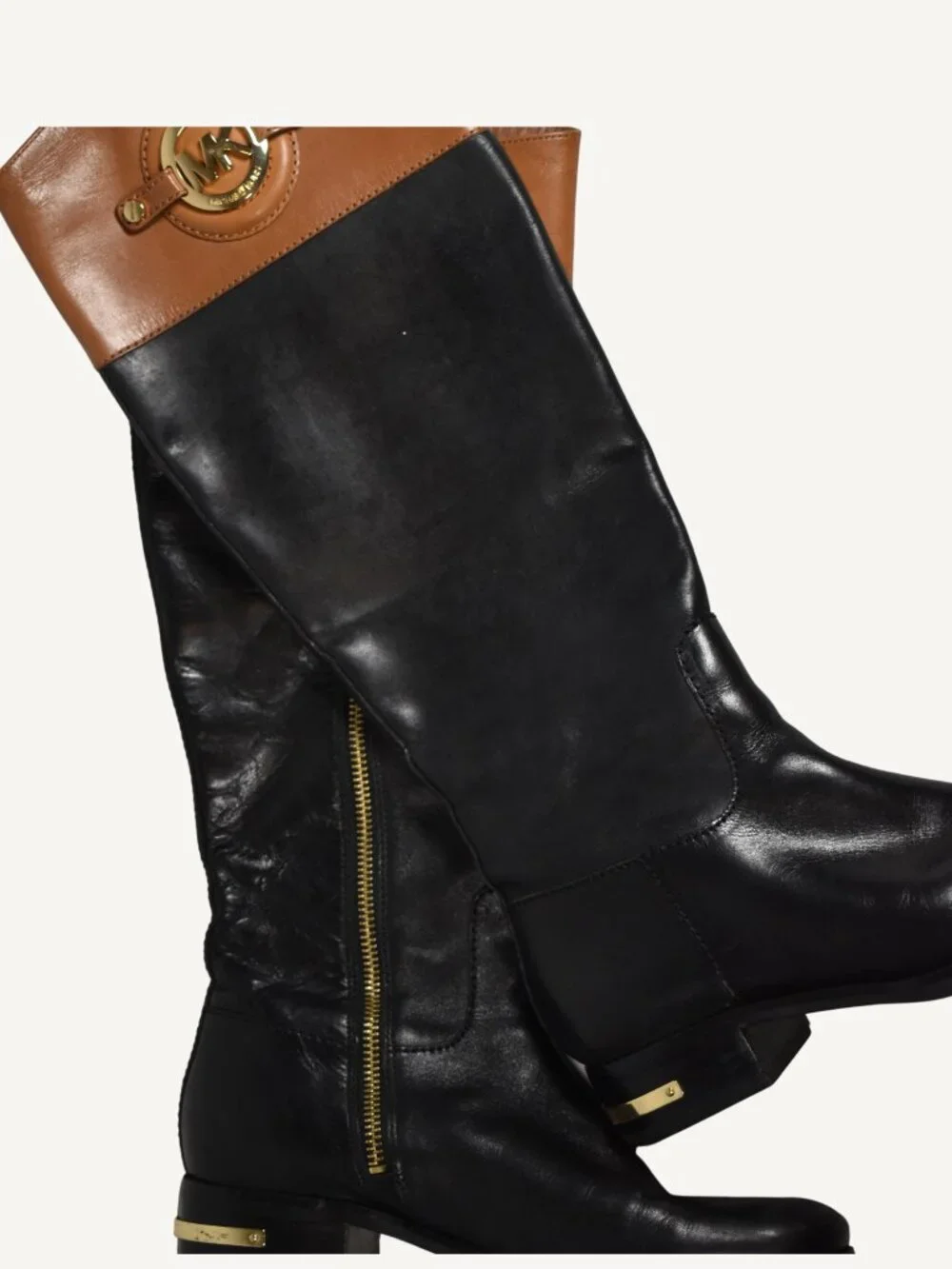 Michael Kors Black Leather Riding Boots Gold Logo Detail Womens 6